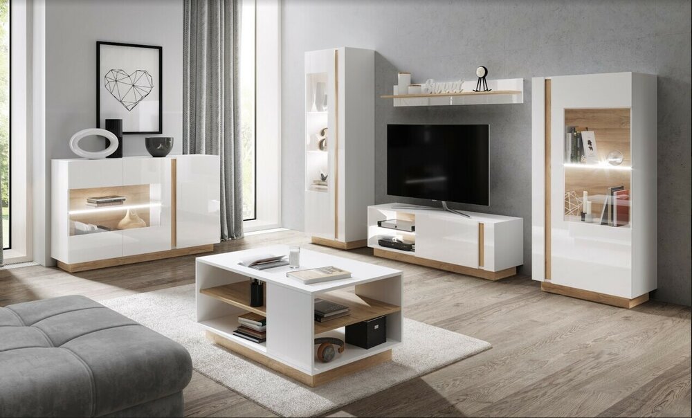 E-shop Obývacia zostava ARDO 1 LED biela/biela lesklá/dub