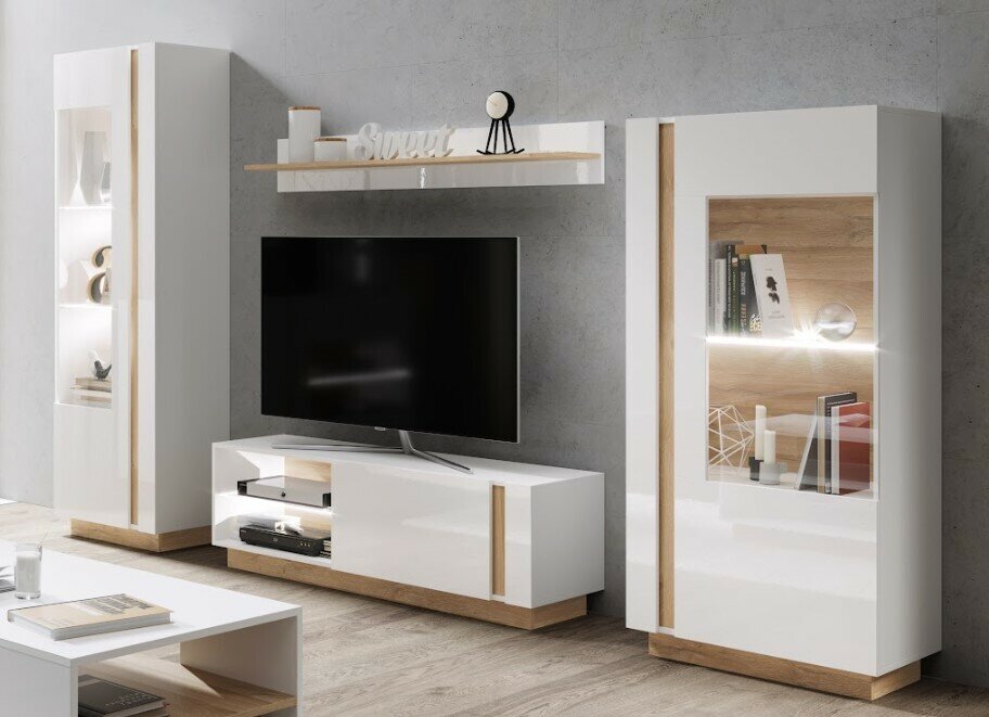 E-shop Obývacia zostava ARDO 2 LED biela/biela lesklá/dub