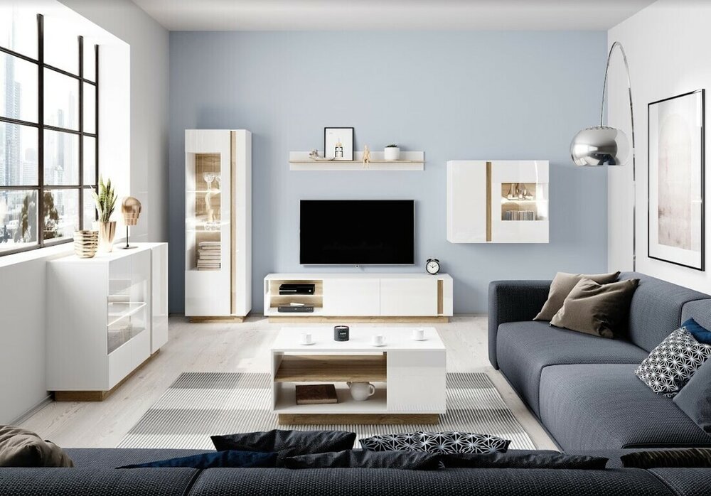 E-shop Obývacia zostava ARDO 4 LED biela/biela lesklá/dub