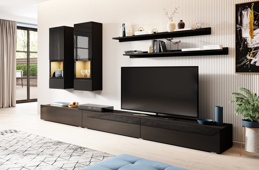 E-shop Obývacia stena ALES LED čierny mat / čierny lesk