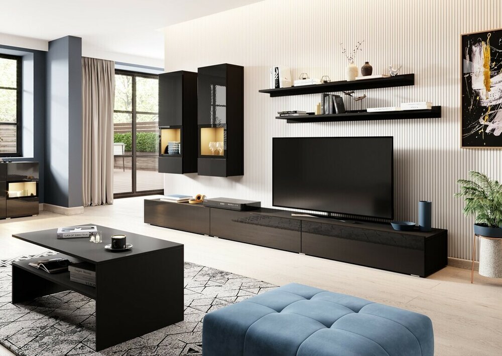 E-shop Obývacia stena ALES s konferenčným stolíkom LED čierny mat / čierny lesk