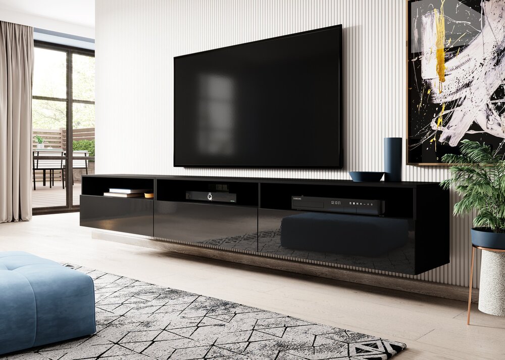 E-shop Obývacia stena ALES 2 LED s konferenčným stolíkom a komodou čierny mat / čierny lesk